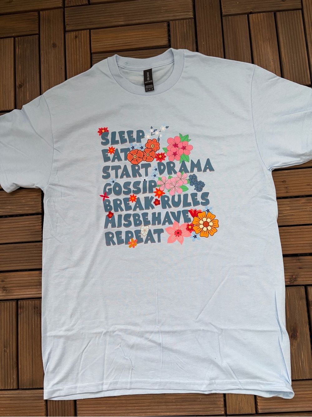 Light Blue Graphic Tee with Floral Typography